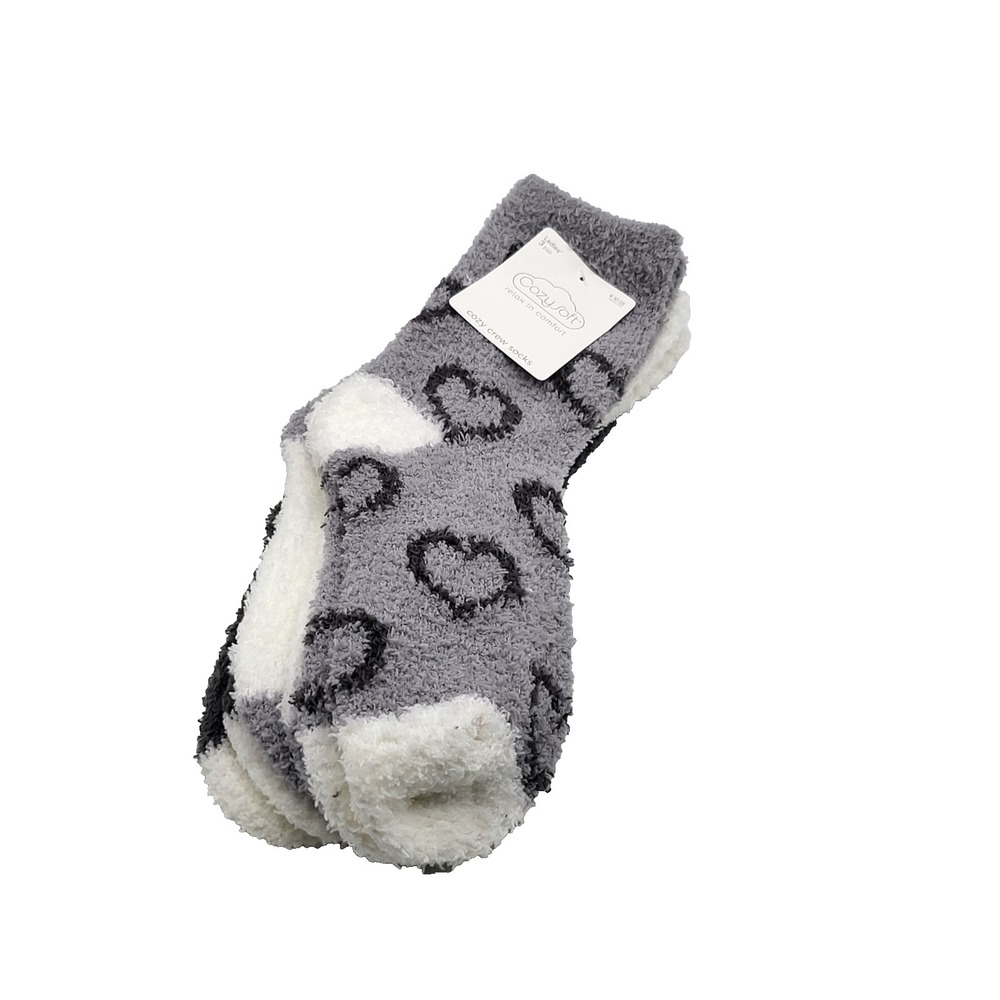CozySoft Ladies 3 Pair Fuzzy Crew Socks‎ Heart Pattern Grey Ivory Size 4-10 New